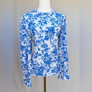 SHEIN Blue & White Toile Floral Blouse XL Cottagecore Bell Sleeve Top
